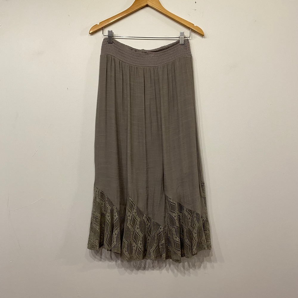 Apt. 9 Taupe Lace Trim Smocked Waist Midi Skirt Small Boho Romantic Fairycore